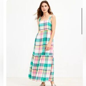 ✅LOFT Plaid Strappy Tiered Maxi Pocket Dress New